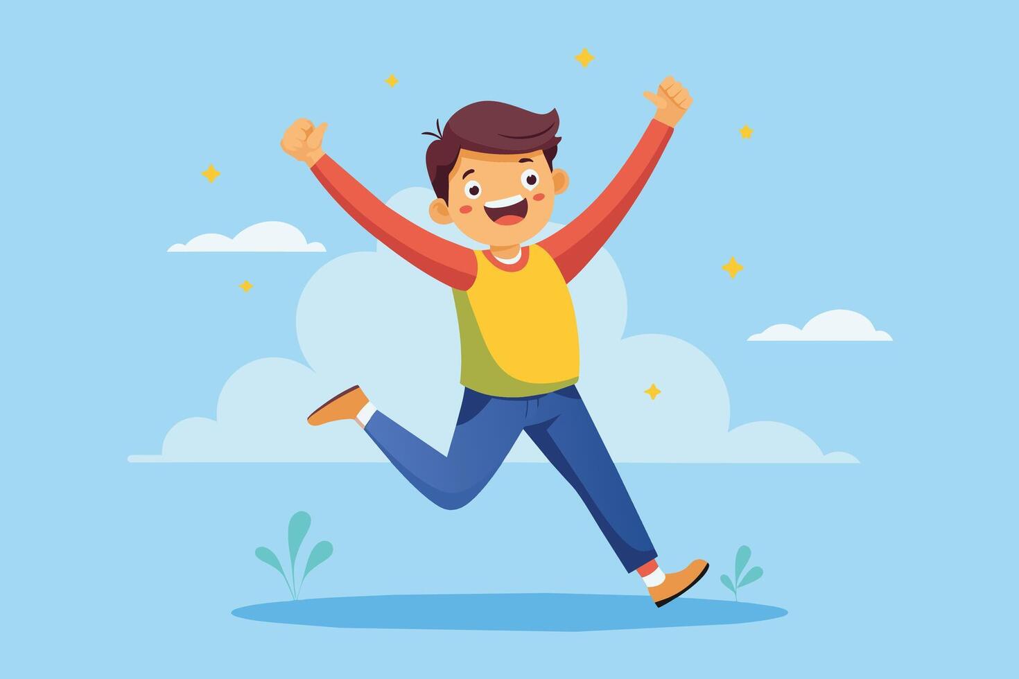 Smiling Boy Jumping in the Sky With Arms Raised vector