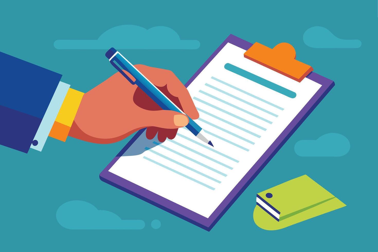 Hand Signing A Document On A Clipboard With A Blue Pen vector