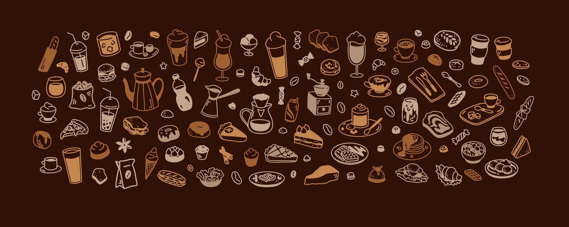 Coffee chalkboard. Hot, cold drinks and desserts in doodle stile. Cute line food elements. Minimalist icons for restaurant, cafe, patisserie, bakery, confectionary, coffeeshop menu vector
