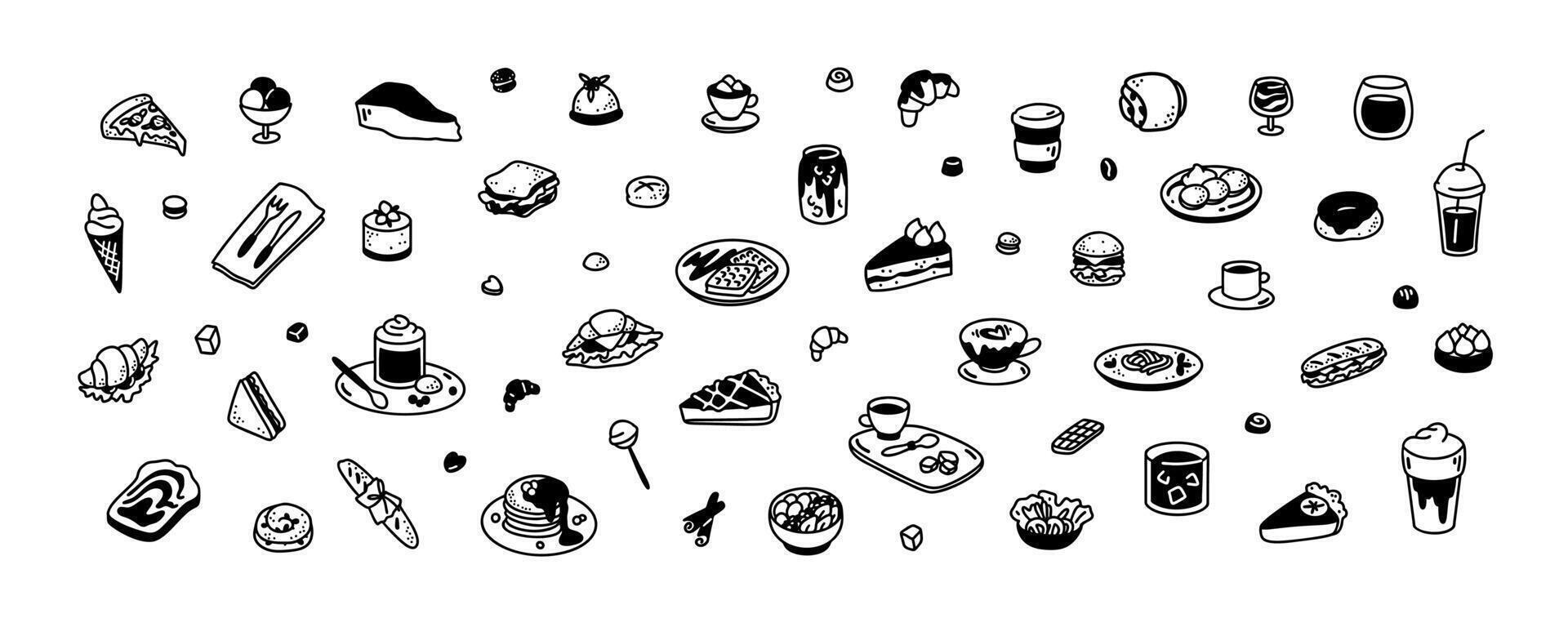 Cute line doodle big food set. Minimalist icons for restaurant, cafe, patisserie, bakery, confectionary, coffeeshop menu. Hot and cold drinks. Aesthetic boho meal hand drawn illustrations vector