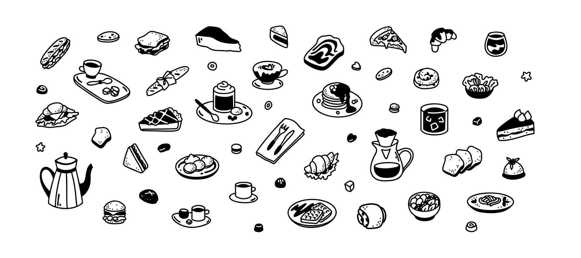 Cute doodle breakfast elements set. Coffee, beverage, desert, pancakes line icons. Brunch, lunch cafe, restaurant, brasserie and patisserie menu. Hand drawn sketch minimalist food design background vector