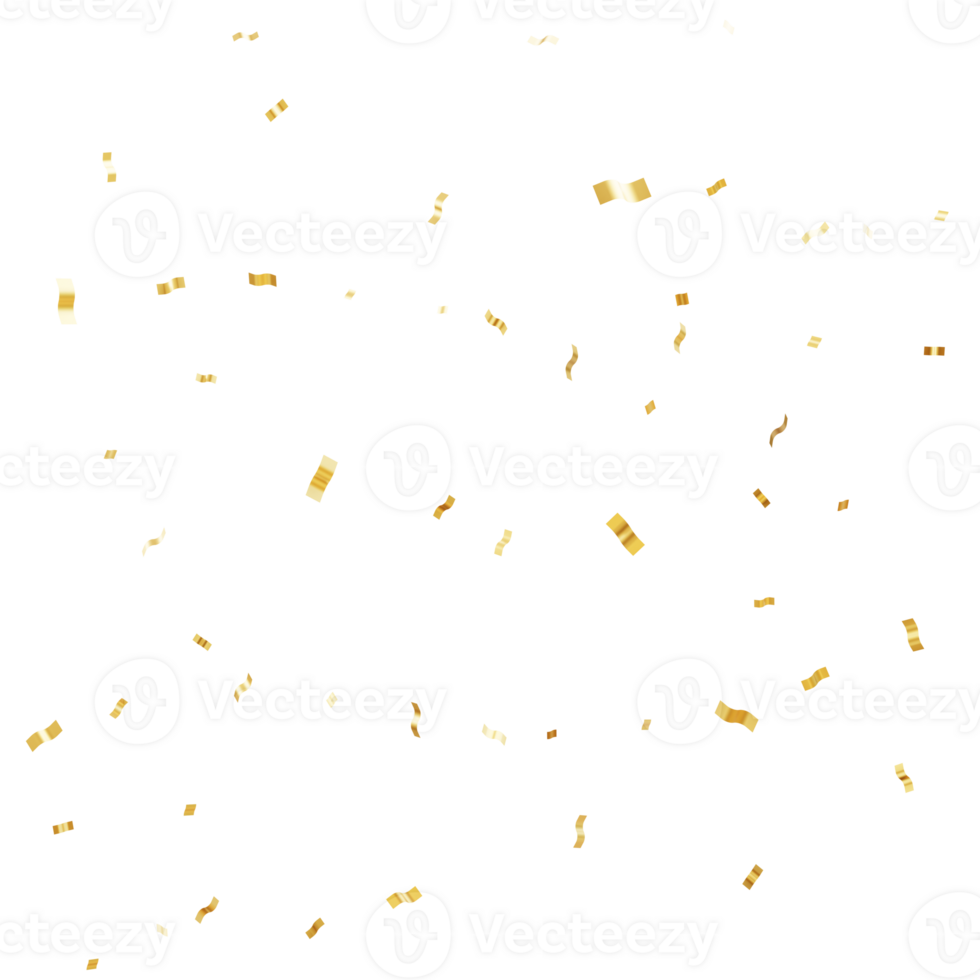 Realistic Confetti Golden tinsel, confetti fall from the sky on a transparent background. 3D Elements asian festival for Holiday, birthday, banner, poster, flyers, greeting card. 3d rendering png
