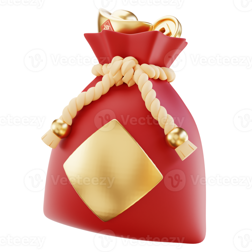 Happy chinese new year wealth and prosperity with chinese money bag. 3D Elements asian festival for banner, poster, flyers, greeting card. 3d rendering png