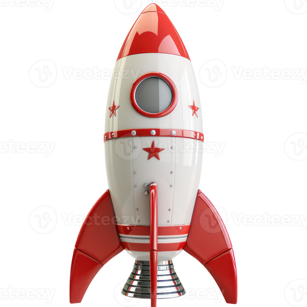 3D cartoon rocket, red and white stripes, launching pose, di-cut , isolated on background, perfect for space exploration themes. Rocket flying over cloud, Rocket launch. Business startup concept png