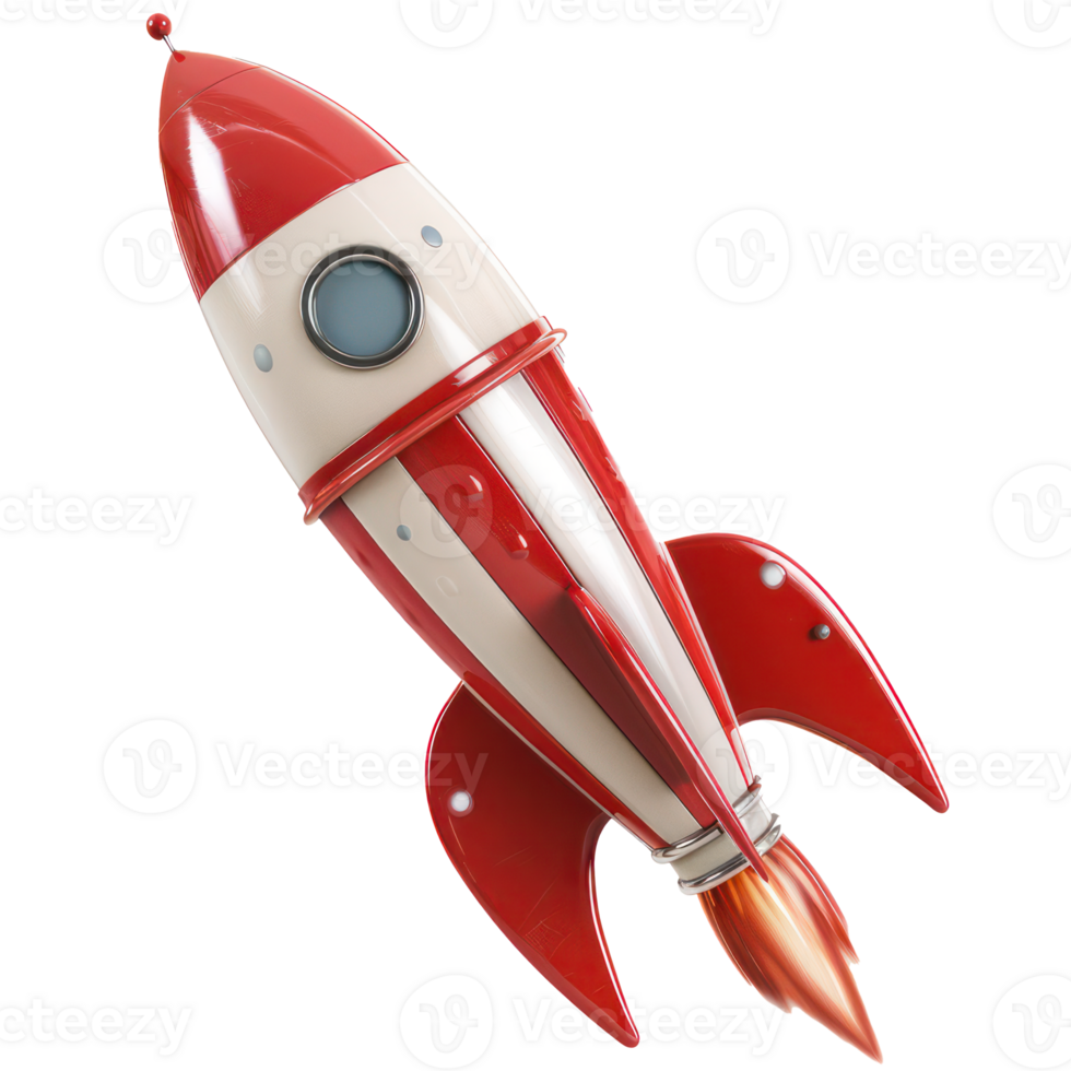 3D cartoon rocket, red and white stripes, launching pose, di-cut , isolated on background, perfect for space exploration themes. Rocket flying over cloud, Rocket launch. Business startup concept png