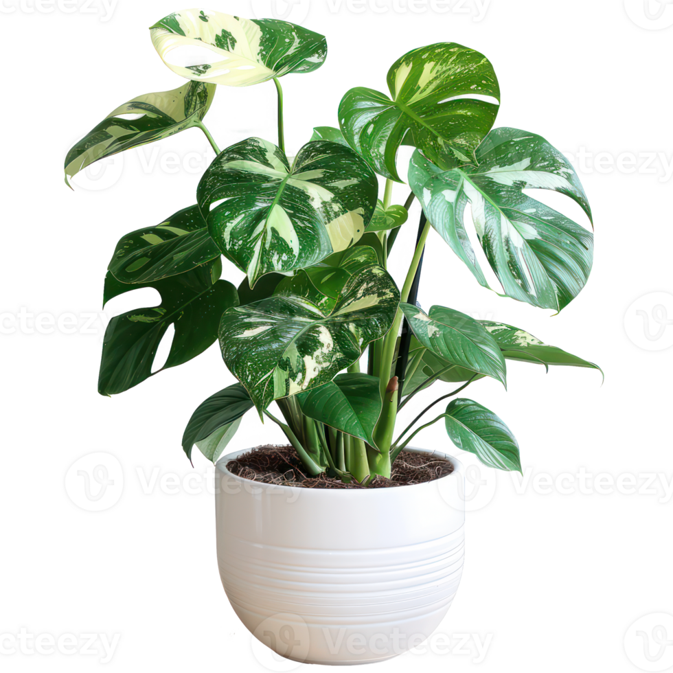 A Monstera Albo Variegata in a ceramic pot, isolated on background. Houseplant, office desk decor, that grow indoor for decorative purpose. Minimal creative home decorative concept green and fresh png