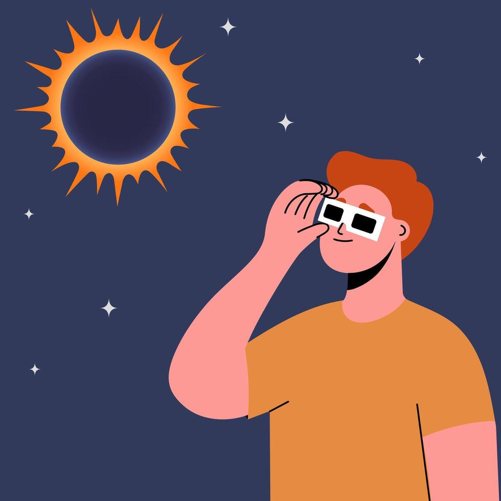 Man wearing safety glasses watch a solar eclipse vector
