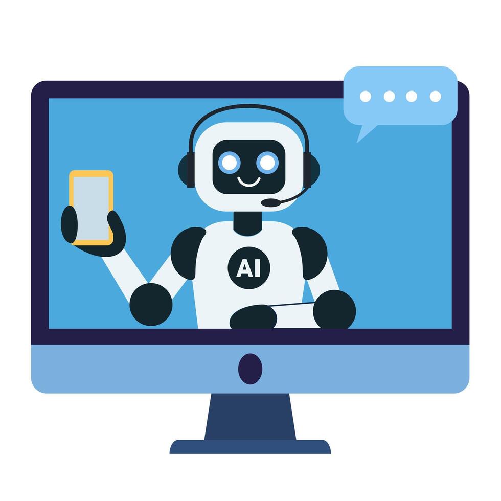 Cute chat bot robot on the computer monitor screen showing smartphone vector