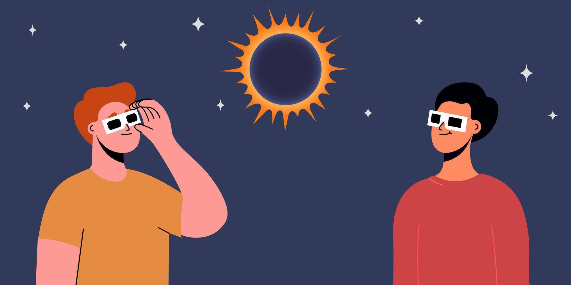 A group of people wearing safety glasses watch a solar eclipse vector