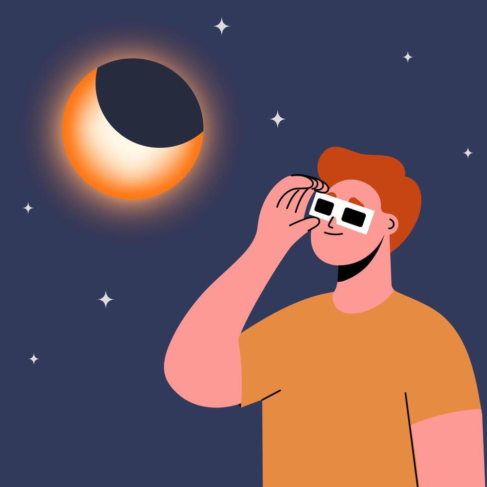 Man wearing safety glasses watch a partial solar eclipse vector