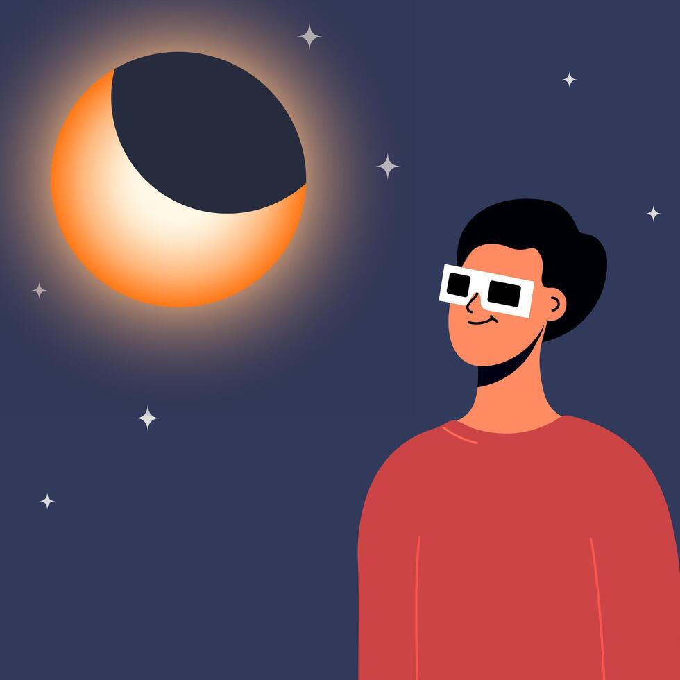 Woman wearing safety glasses watch a partial solar eclipse vector