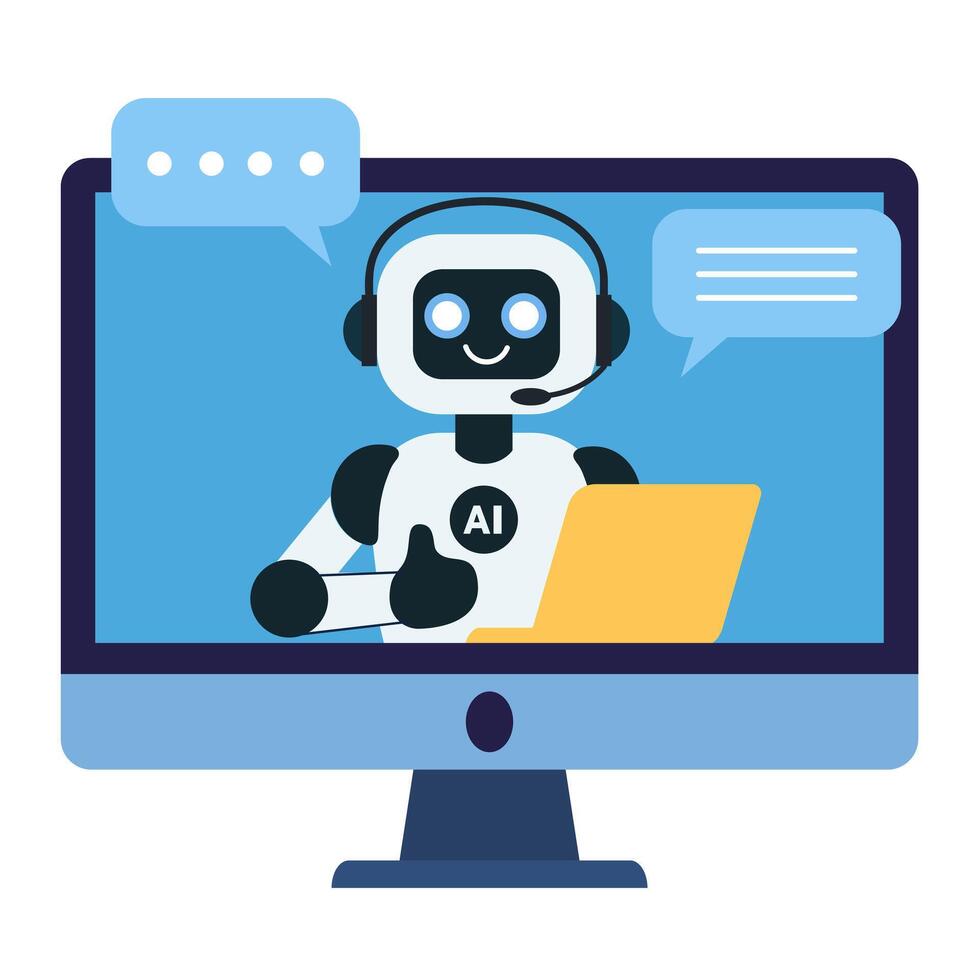 Cute chat bot robot with yellow laptop shows thumbs up on the computer monitor screen vector