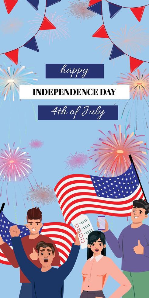 Vertical Independence Day banner with Fireworks and Flags. Young happy patriotic people in front vector