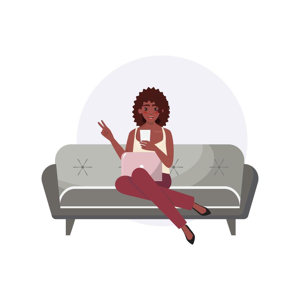 Woman on a sofa, using her smartphone while also having a laptop on her lap, showing a peace sign, conveying a relaxed and connected lifestyle vector