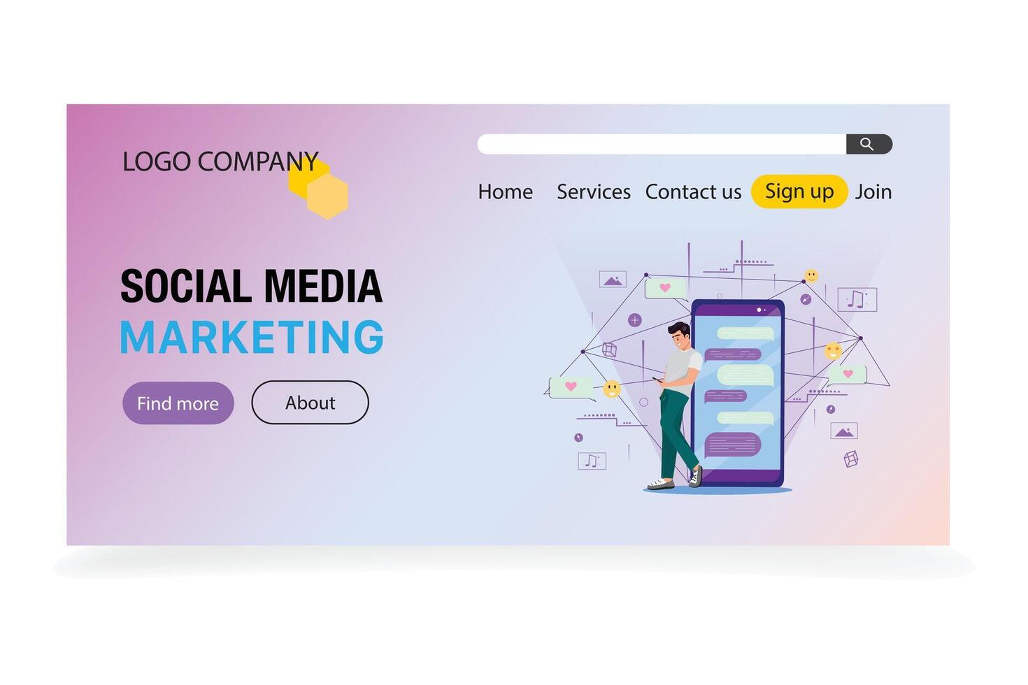 Landing page designed for social media marketing, featuring a man leaning to a large cellphone and using a smartphone. Surrounding him are various social media elements vector
