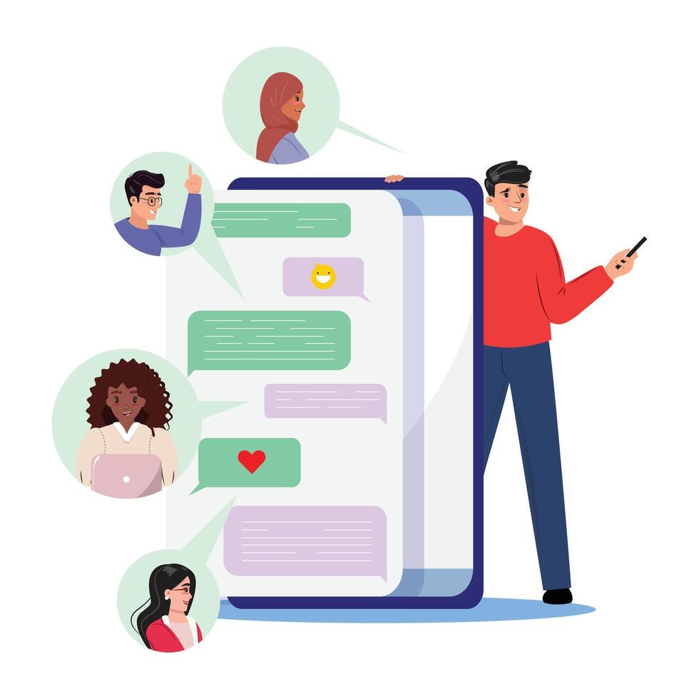 Large phone displays online chatting between diverse people, man leaning against it. Team work, cooperation, worldwide communication vector