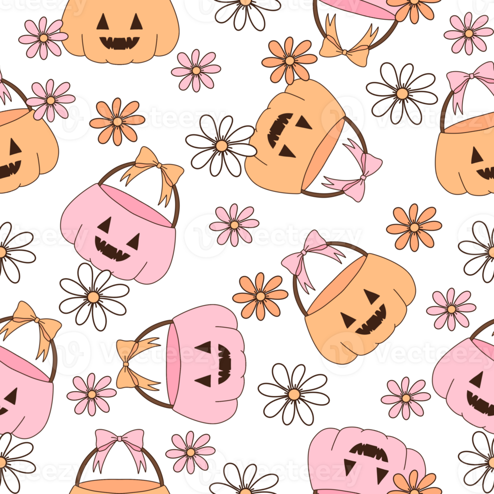 Coquette halloween pumpkin pails and daisy flowers seamless repeat pattern , Cute girly spooky season, printable digital paper background for fabric and wallpaper png