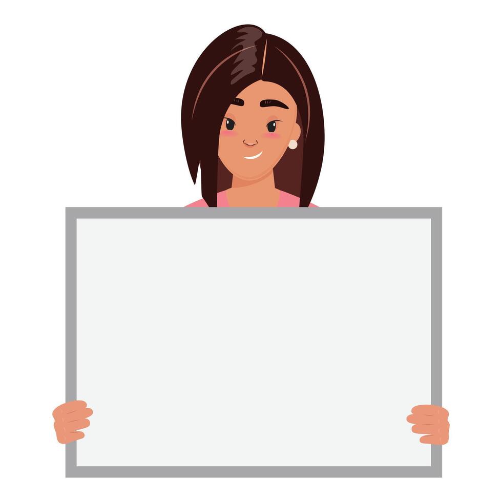 Smiling woman holding a blank banner for adding your own design, text or message vector