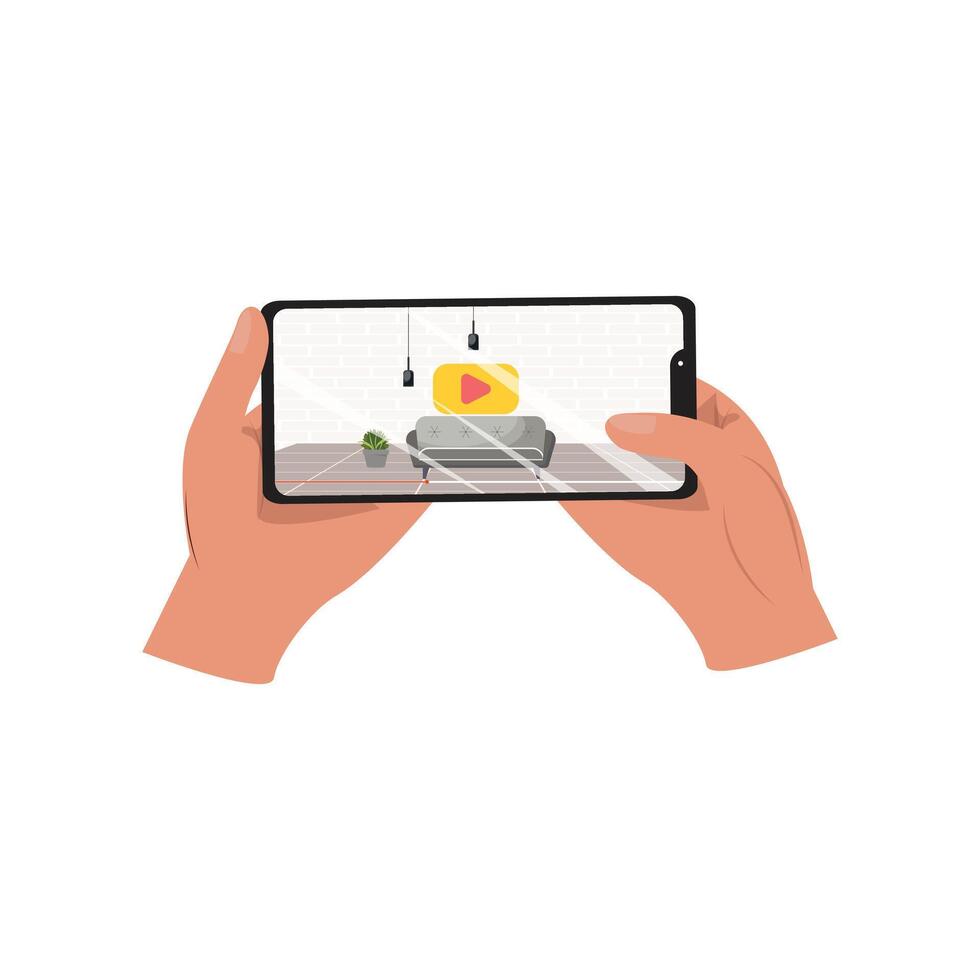 Cellphone in two hands shows a featuring a stylish living room with a couch, lamps, and various interior design accents vector