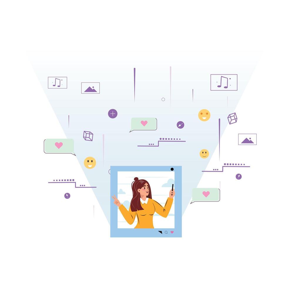 Young woman using a smartphone, shown inside a large digital interface with a gradient backdrop. The interface is surrounded by icons representing social interactions vector