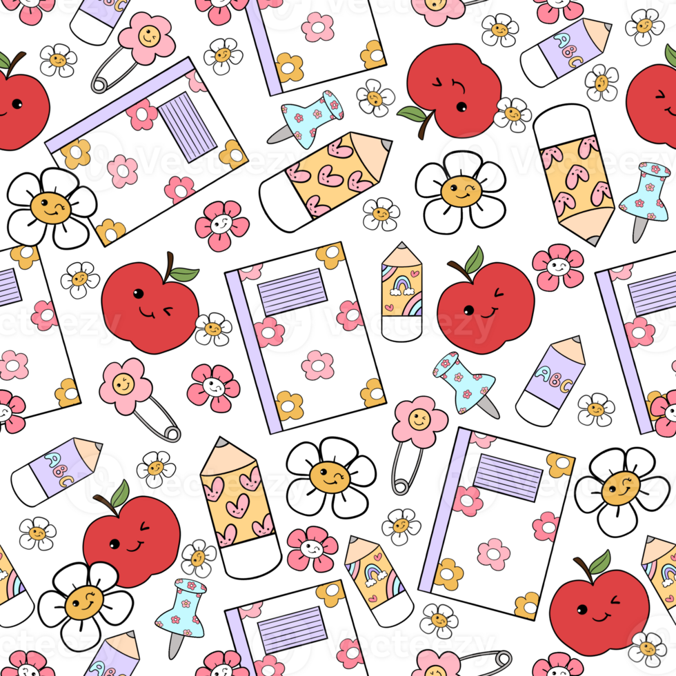 Groovy teacher seamless pattern, Retro school supplies printable repeat digital paper background. png