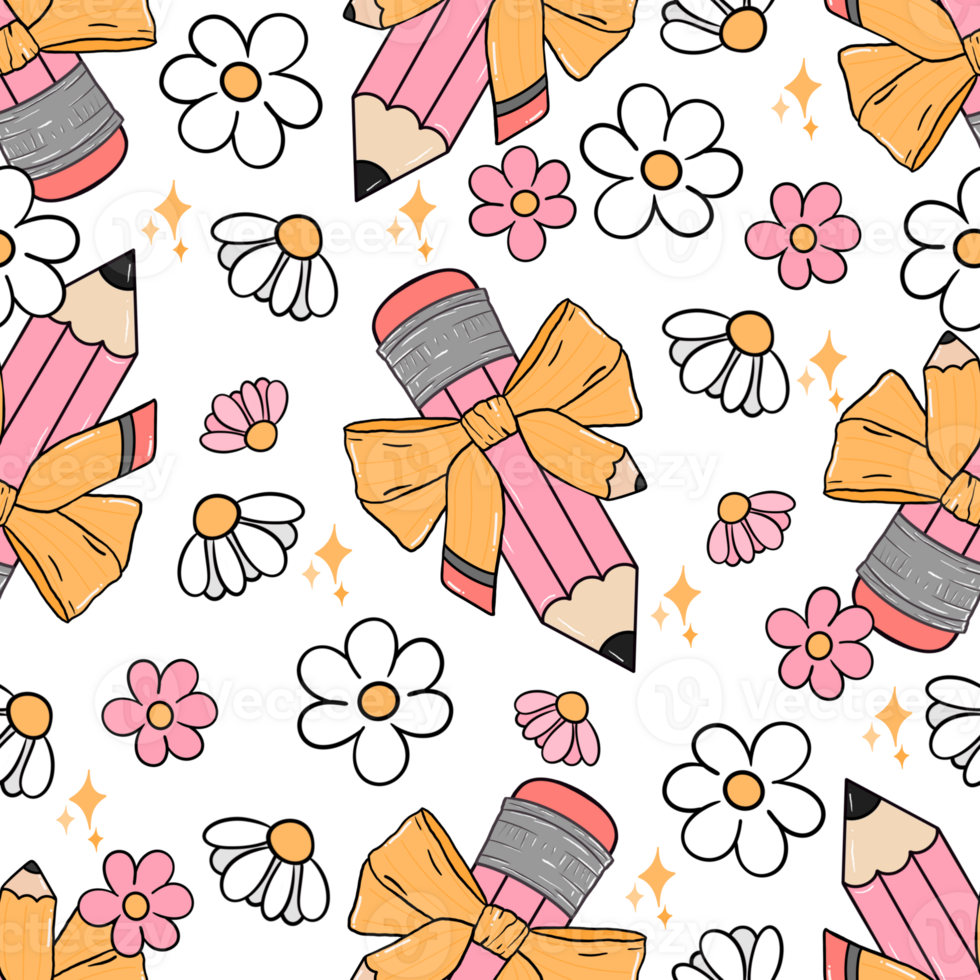 Pencil and coquette bow seamless pattern, Groovy retro back to school digital paper background, wallpaper, daisy flowers, scrapbooking, classroom decor. png