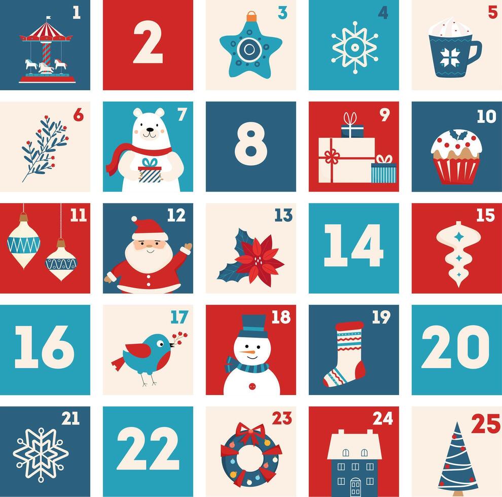 Christmas advent calendar with Santa Claus, snowflakes, snowman, bird, gifts, christmas tree, stars, decorative balls. Countdown holiday calendar. vector