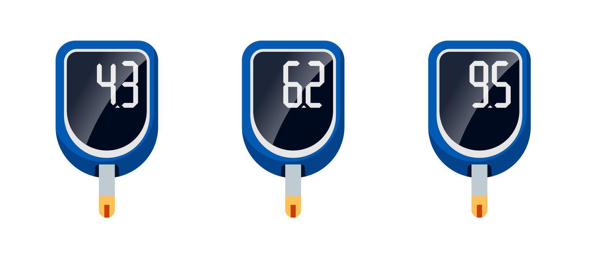Glucometer for glycemic measurement set. Diabetic glucose measuring device. Blood sugar normal, risk and high level test control. Diabetes indication monitoring collection eps isolated vector