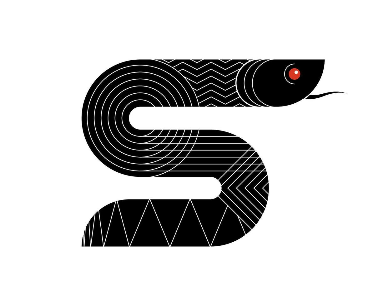 Abstract geometric Chinese snake zodiac black symbol. Asian sacred style modern shape symbol design of wisdom. Japanese ancient serpent eps isolated illustration vector