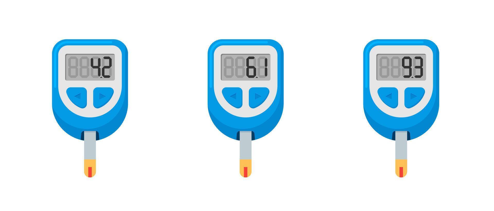 Glucometer set. Diabetic glucose measuring device. Normal, risk and high blood sugar level test control. Diabetes indication measurement collection eps isolated vector