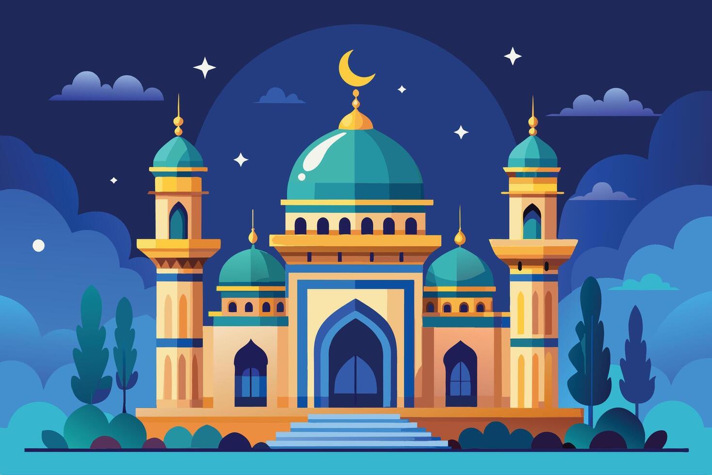 Nighttime View of a Mosque With a Crescent Moon vector