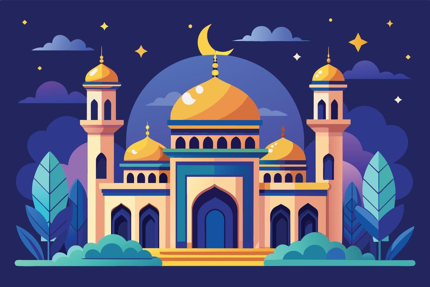 A Nighttime Illustration of a Mosque With a Crescent Moon and Stars vector