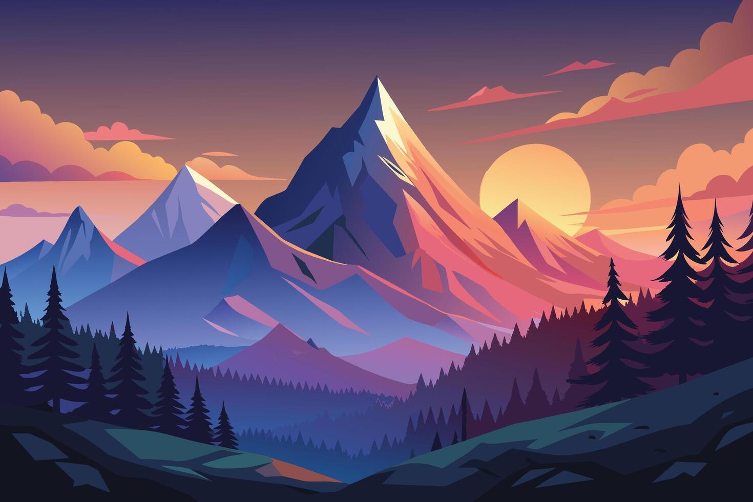 Majestic Mountain Range at Sunset With Silhouetted Trees vector