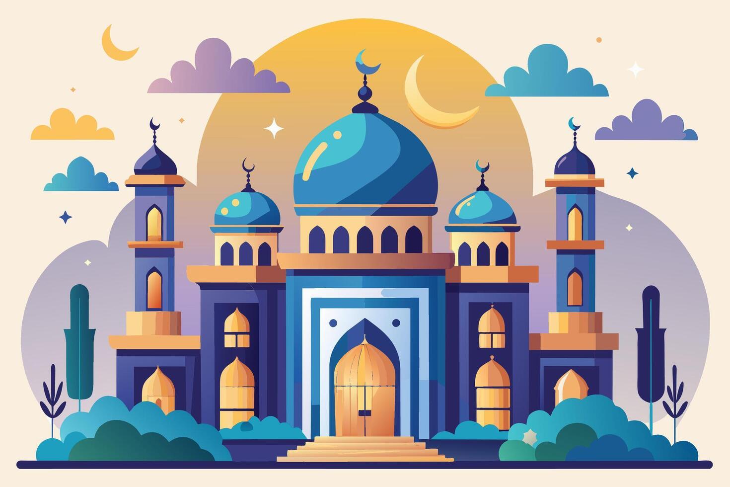 Nighttime View of a Mosque With Golden Domes and Minarets vector