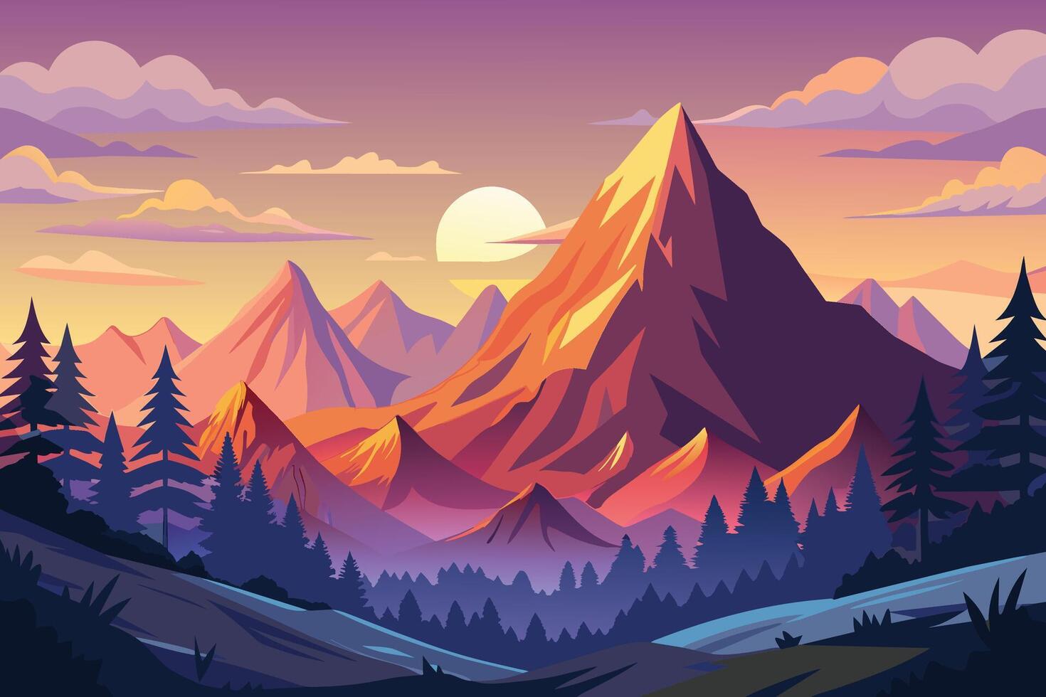 Mountain Range Silhouette at Sunset With Forest and Sun vector