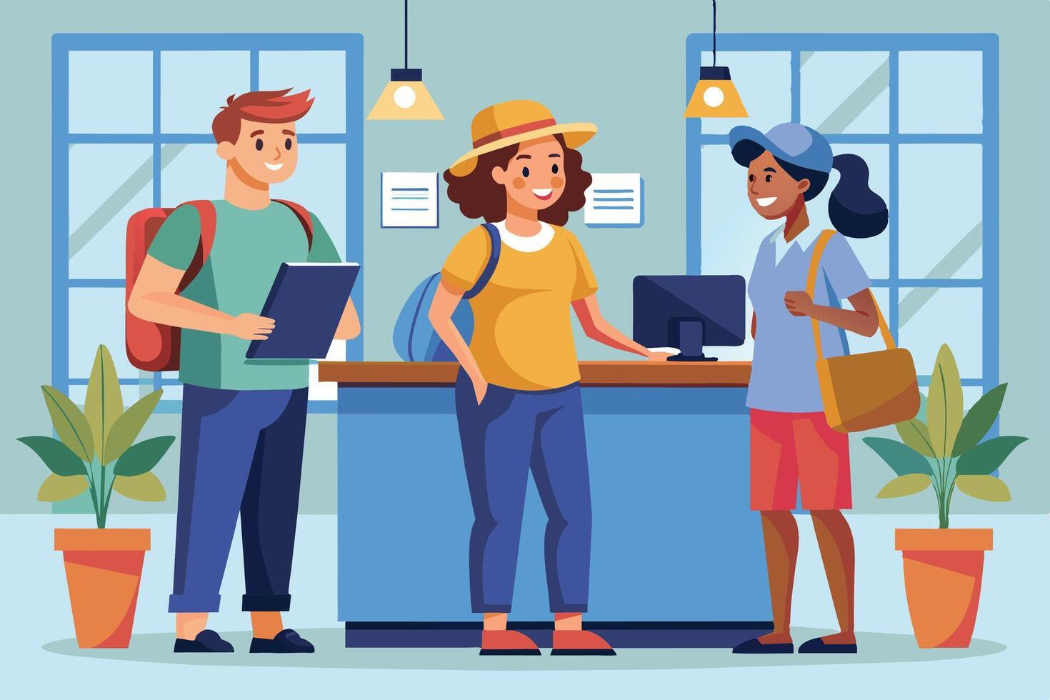 Three Travelers Checking In At A Hotel Counter vector