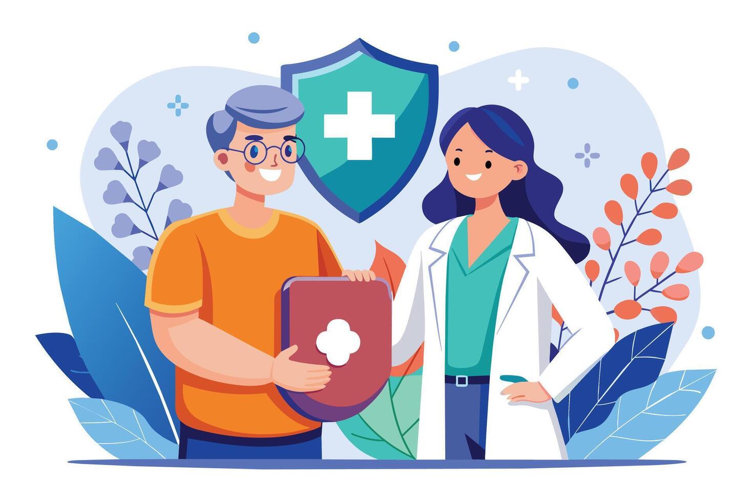 Smiling Doctor and Patient Holding Protective Shields With Medical Cross Symbols vector
