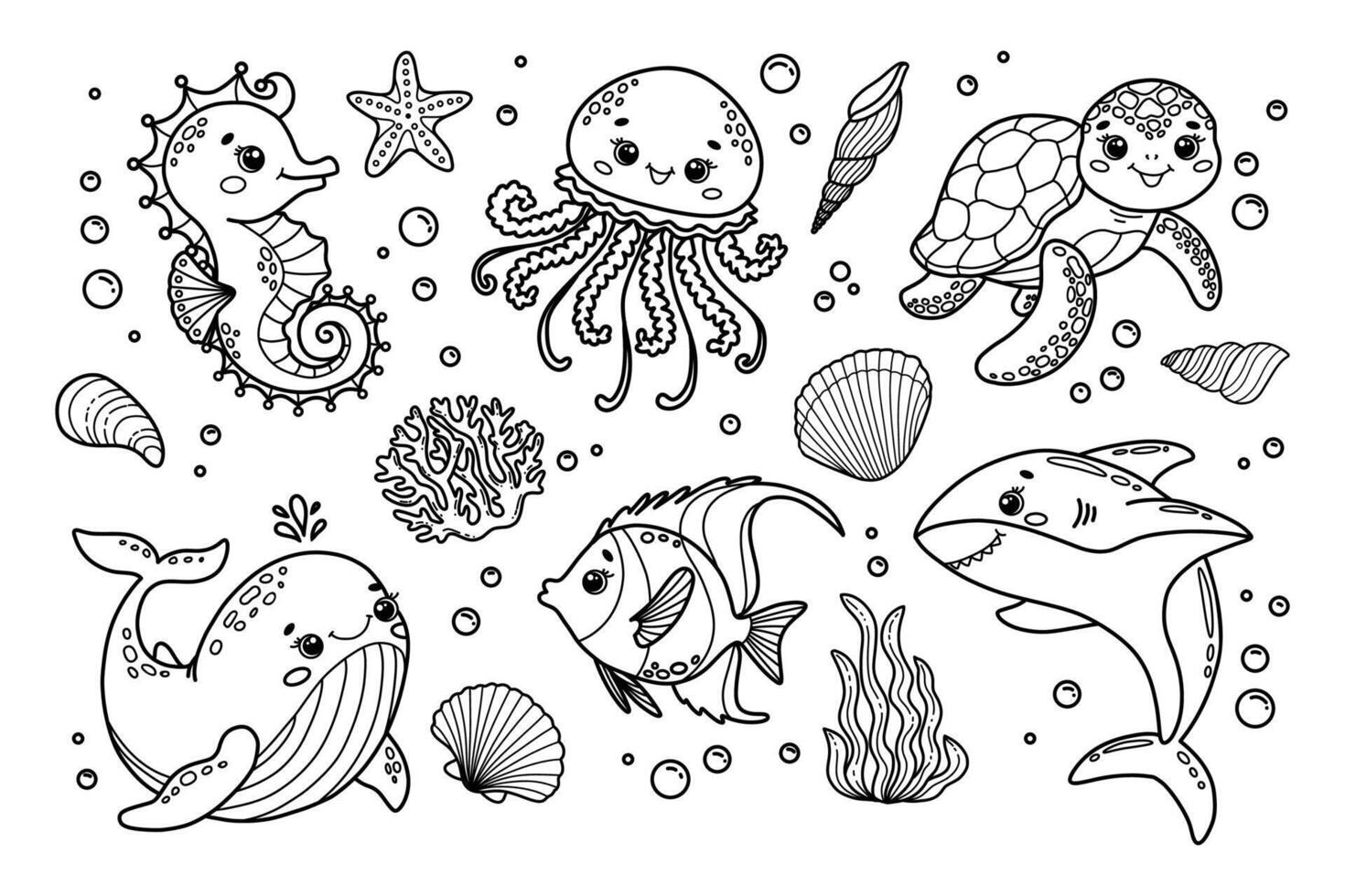 Set of illustrations of cute sea animals. Seahorse, jellyfish, whale, fish, shark, turtle, coral, shells vector