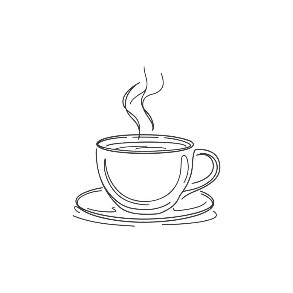One Line Continuous Art of a hot coffee cup with smoke. A minimalist coloring page drawing of tea cup. vector