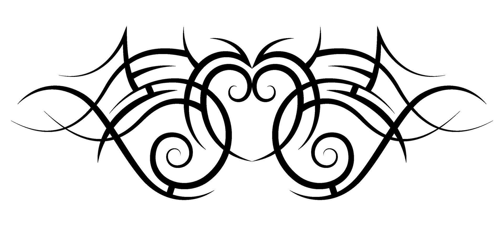 Neo abstract tribal tattoo. Horizontal black shoulder tattoo. Cyber sigilism style hand drawn ornament. Celtic gothic sleeve with heart shapes. Maori ethnic sign isolated on white backdrop. Sketch art vector
