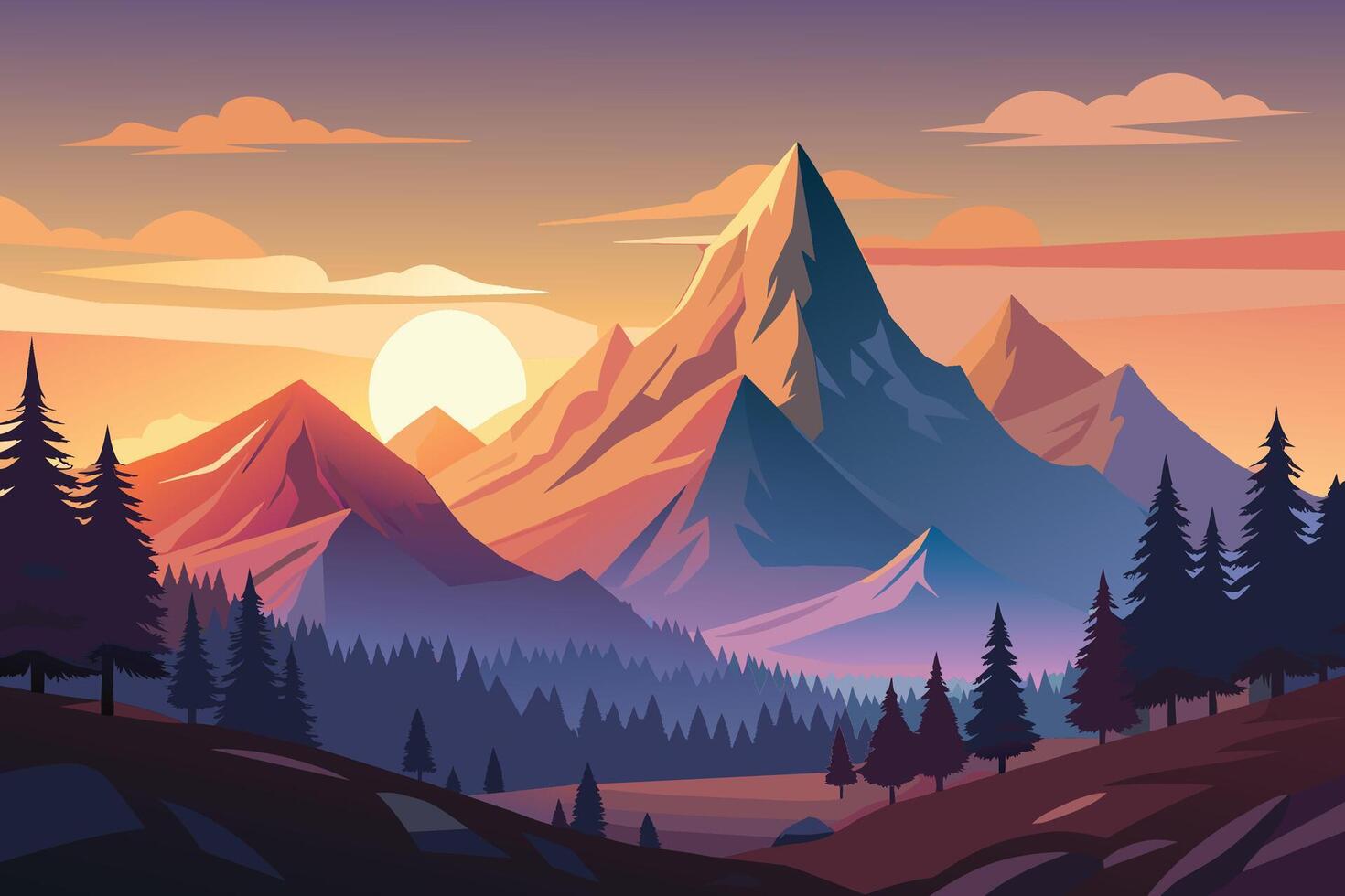 Sunset Over Majestic Mountains With Pine Trees vector