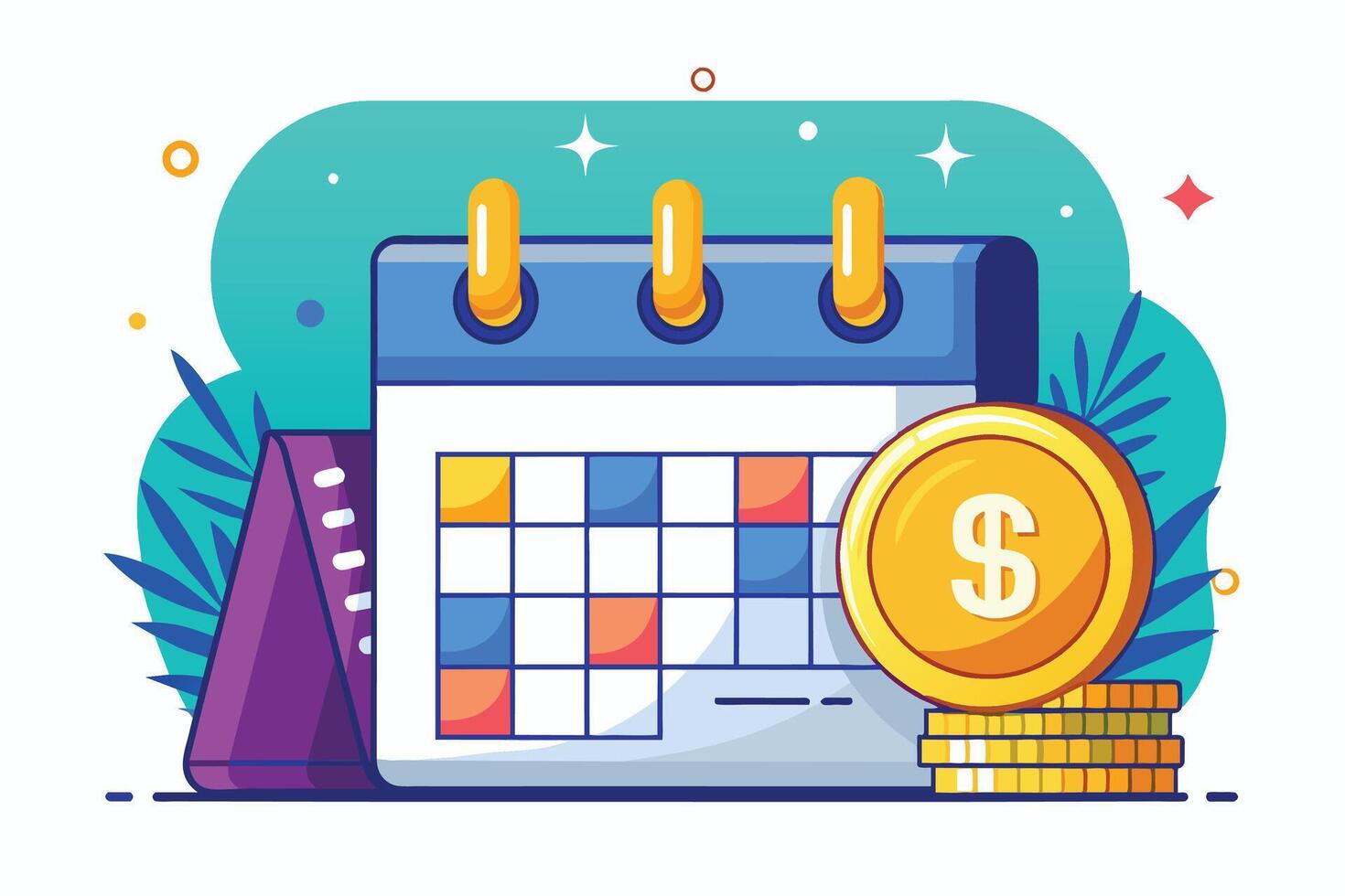 Colorful Calendar Illustration With Stack of Gold Coins vector