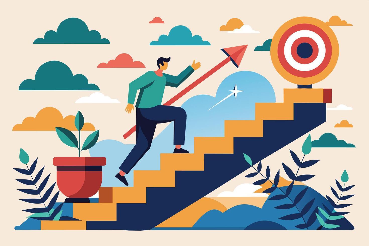 Man Climbing Stairs Towards Target Goal vector