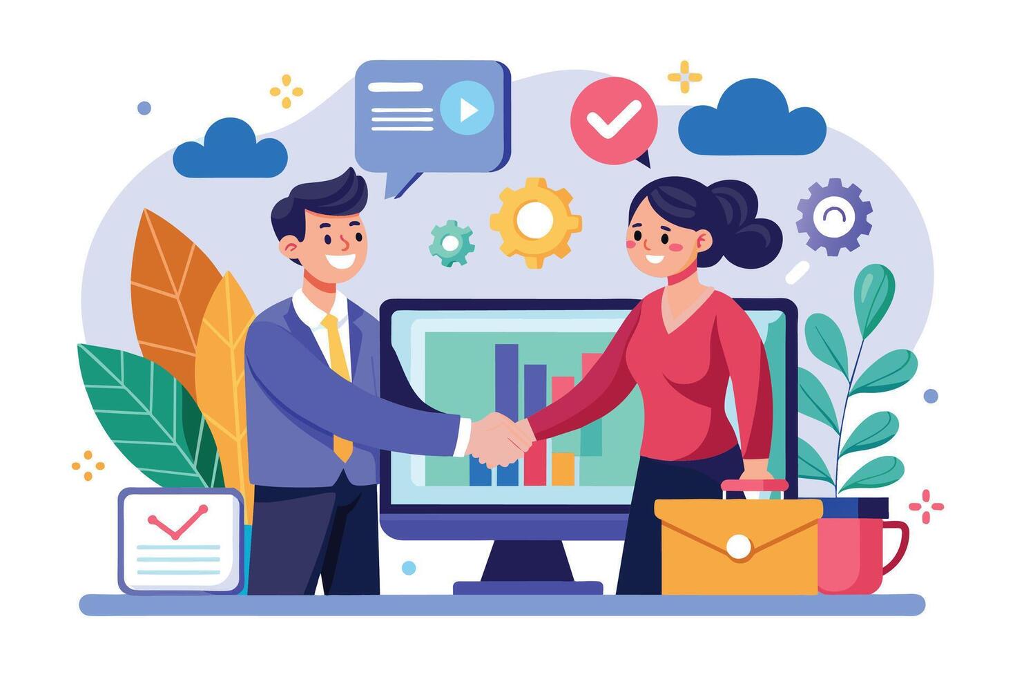Business Professionals Shaking Hands in Front of Computer Monitor With Graphs vector
