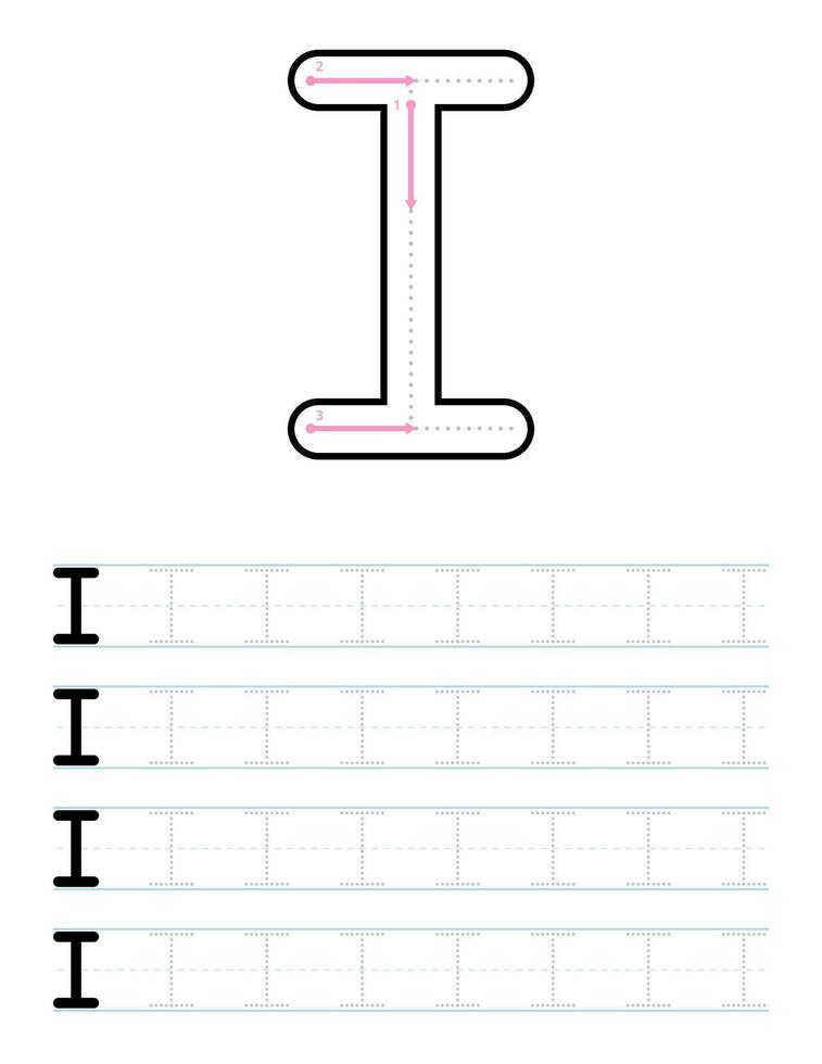 Tracing uppercase letter I worksheet for kids preschooler vector