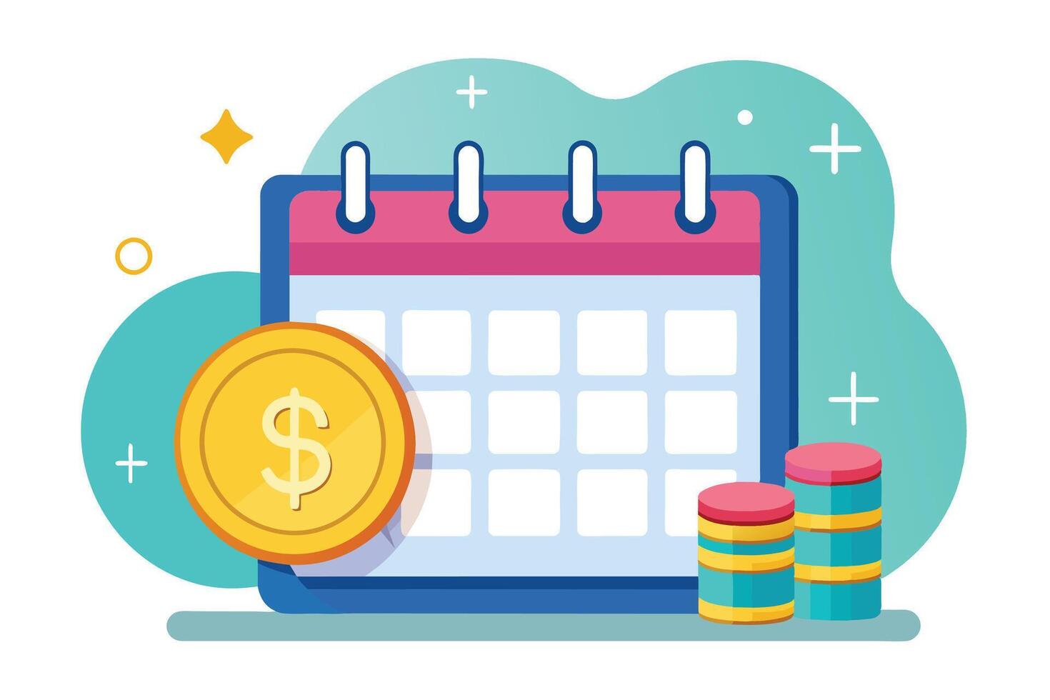 Illustrated Calendar With Dollar Coin And Stacks Of Coins For Financial Planning vector