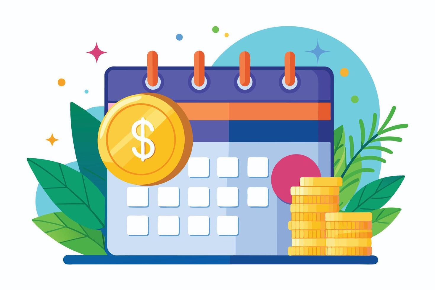 Illustration of a Calendar With a Gold Coin and Stacks of Coins vector