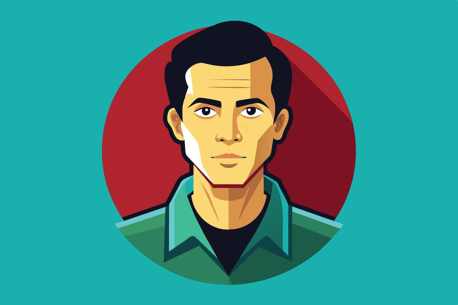 Digital Illustration of a Man Wearing a Green Shirt Against a Red Circle Background vector