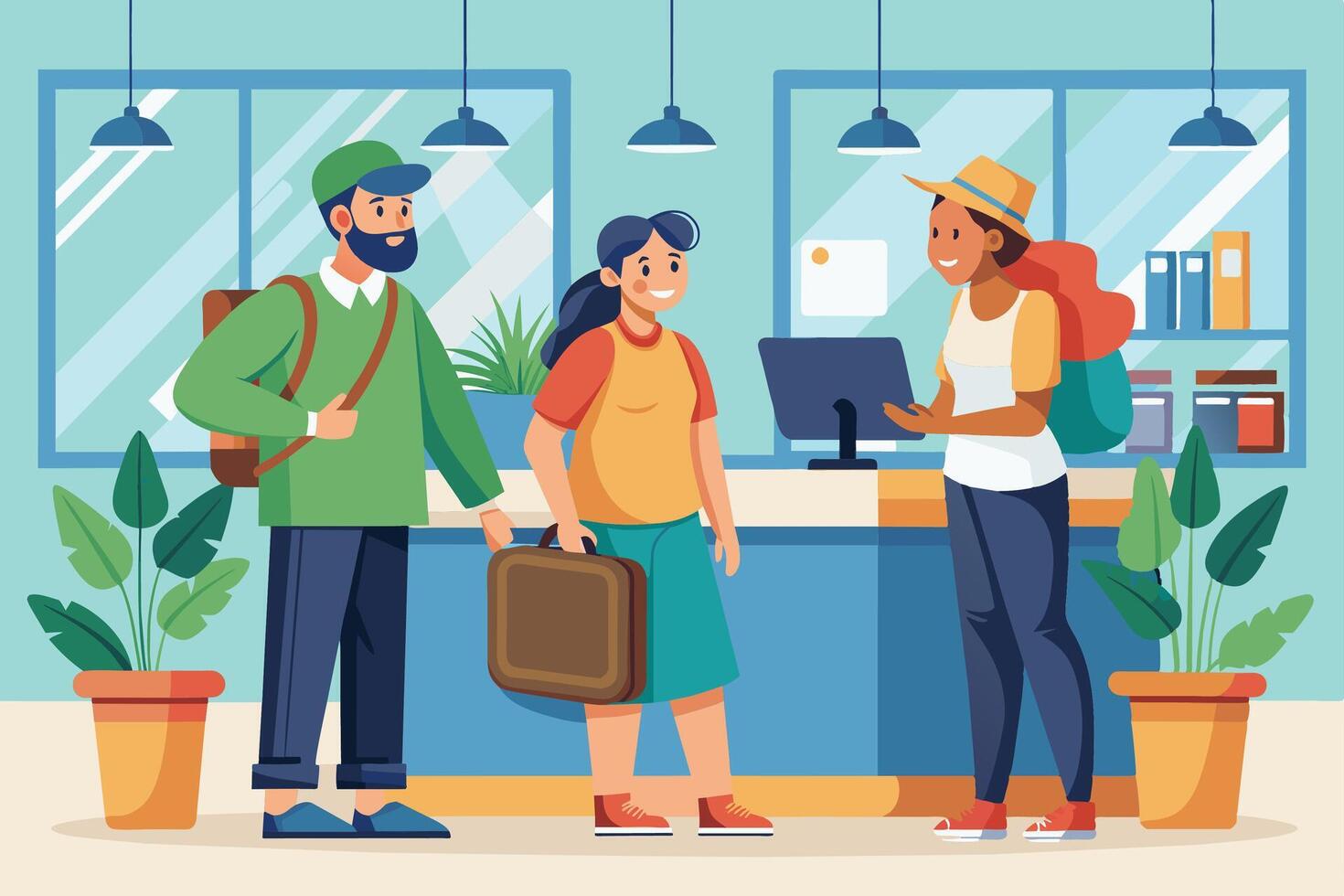 Tourists Checking In at Hotel Reception Desk vector