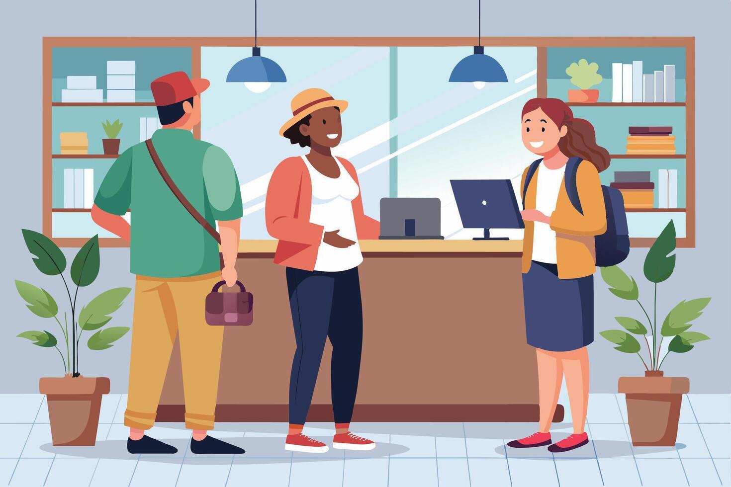 Three People Waiting in Line at a Counter in an Office Setting vector